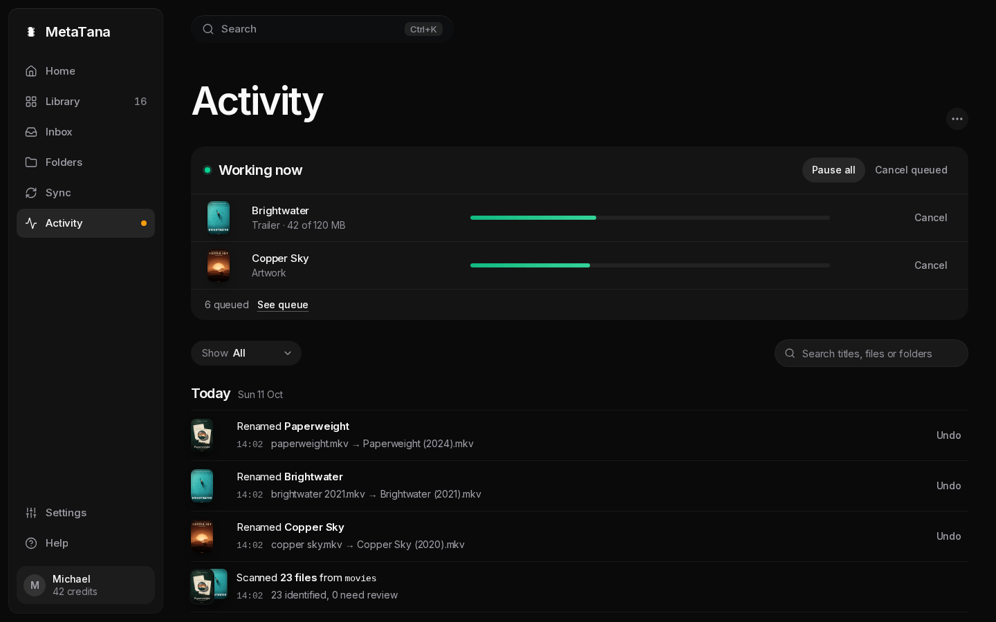 Activity page: Working now with running fetches at the top, the Show filter, then today's timeline with a scan of 23 files, renames, a sync and a failed subtitle fetch with Retry.