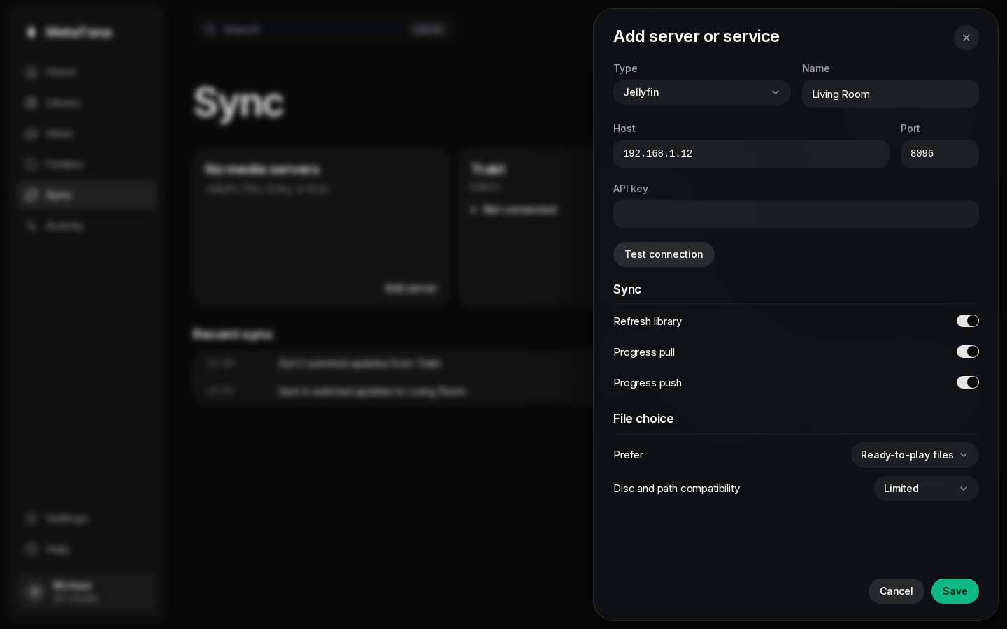 Add server or service drawer: Type, Name, Host and Port, API key (or Username and Password for Kodi), Test connection, then the Sync switches, File choice, and Disc and path compatibility.