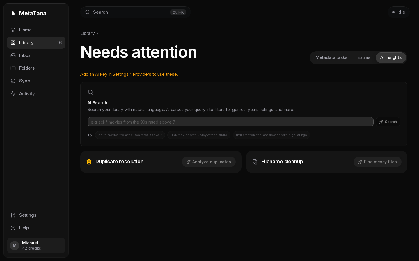 Library › Needs attention › Show all with the AI Insights tool open: AI search with sample questions and collection suggestions.