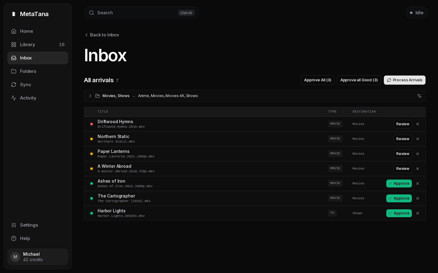 All arrivals in the Inbox: the incoming folders and their destinations at the top, then a list of new files with their match, confidence word, destination, and Approve, with Approve all Good above the list.