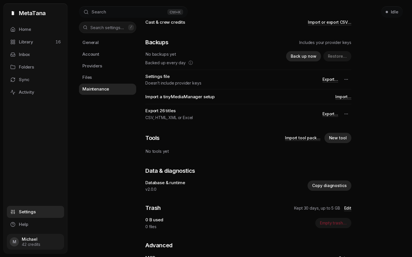 Settings › Maintenance › Backups: the latest database backups with Back up now and Restore…, the Settings file, Import a tinyMediaManager setup, and Export titles.