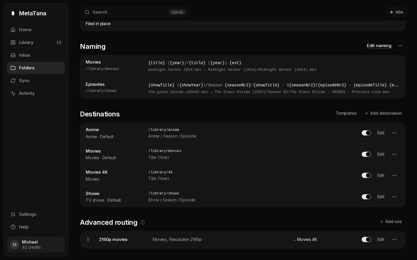 The Destinations and Advanced routing sections of the Folders page: a list of destinations with their content type and path, and the routing rules in the order they are checked.