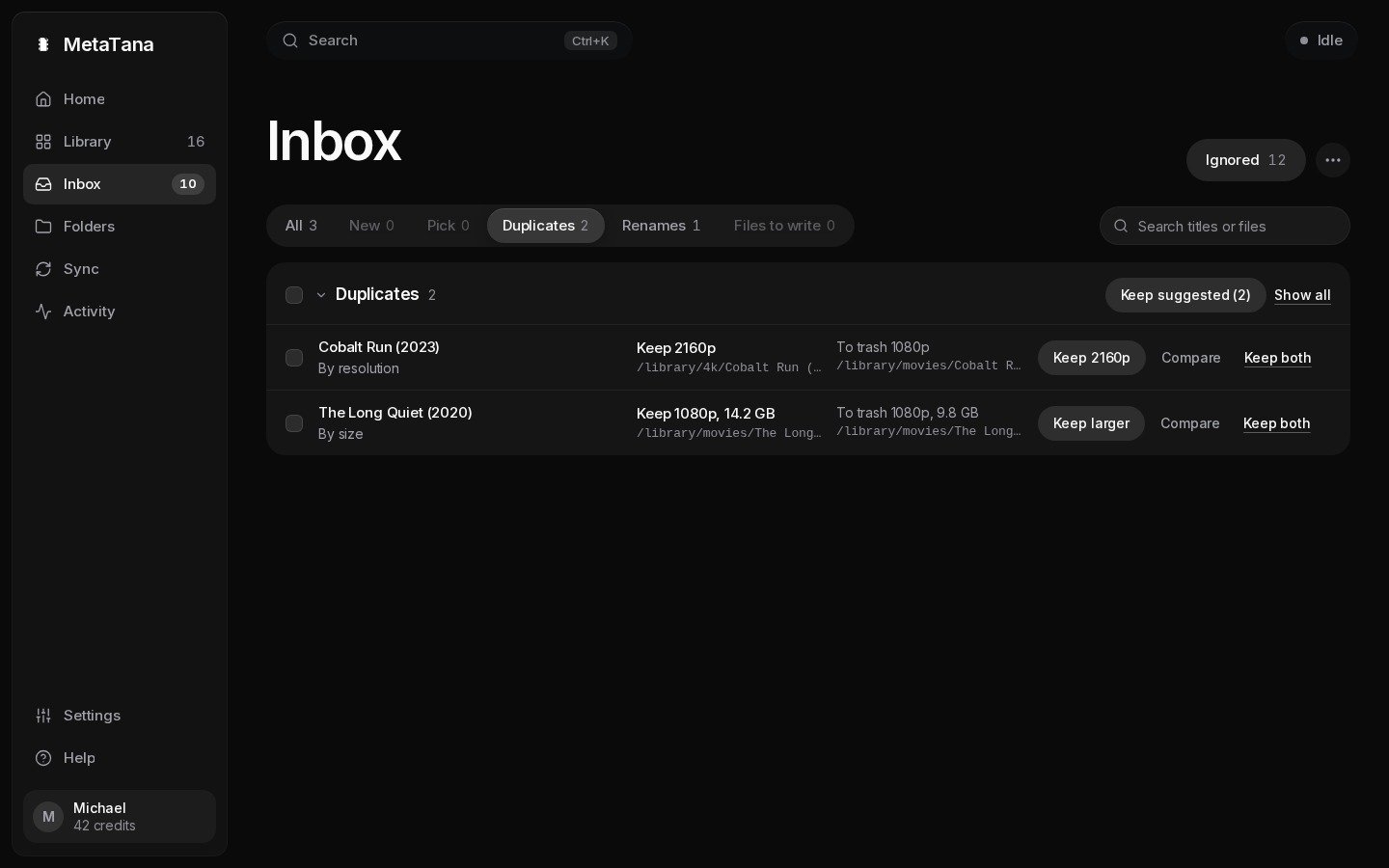 Inbox on the Duplicates tab: each duplicate group shows the copy to keep, the copy that goes to trash, and Keep, Compare and Keep both buttons.
