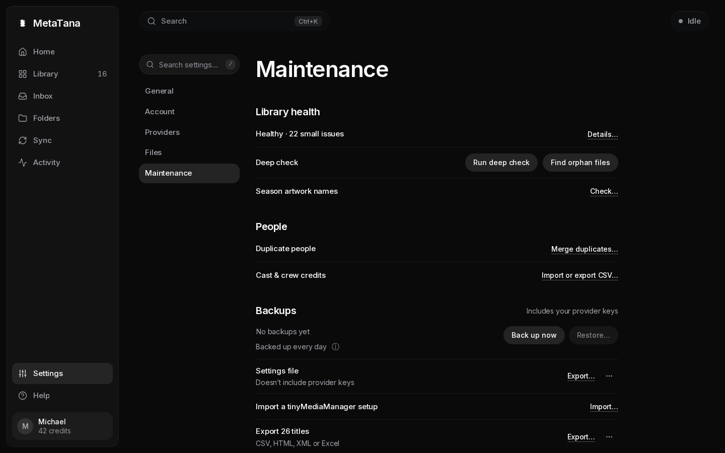 Library health in Settings, Maintenance: a one-line health summary with Details, files missing artwork with Show, duplicates with Review, Deep check with Run deep check and Find orphan files, and Season artwork names with Check.