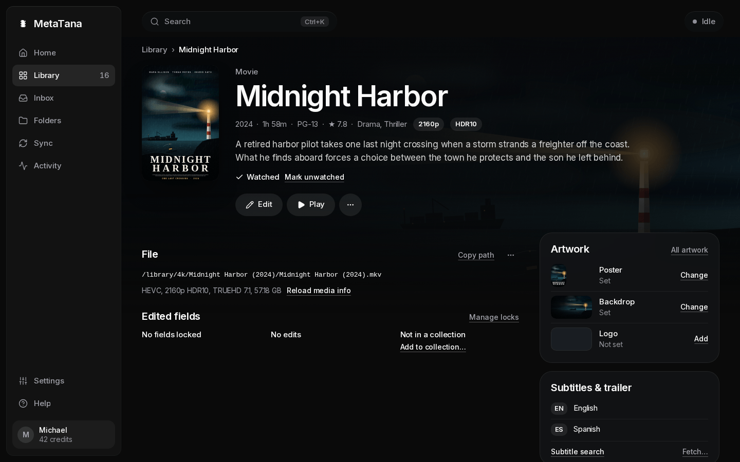 A movie's page: backdrop and poster, title, year, runtime and rating, Edit, Play and the more menu, then the cast, the file, ratings, and the artwork and subtitles boxes.