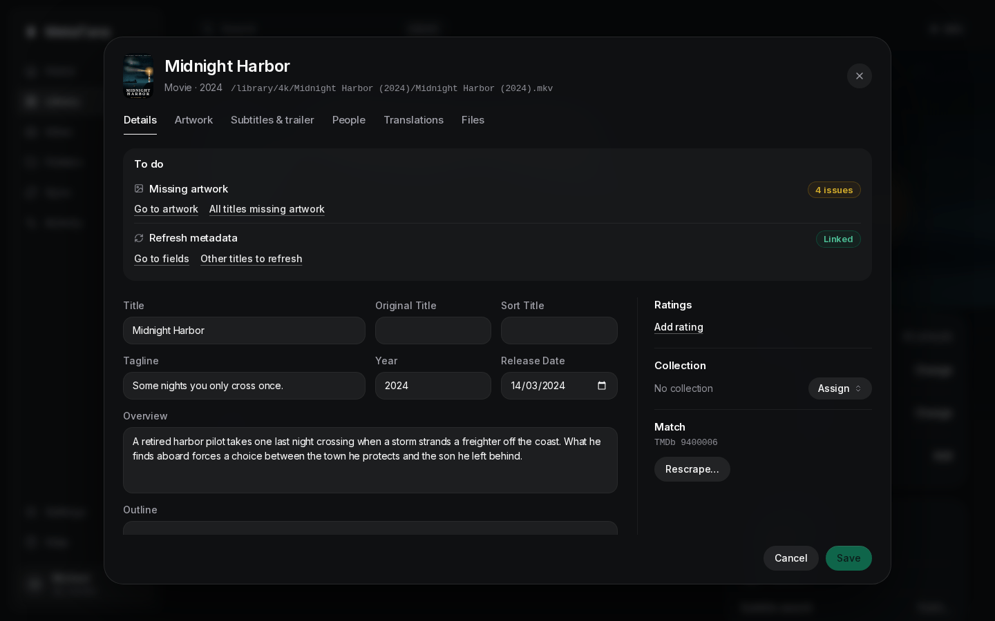 The editor open over a movie's page on the Details tab: title, year, overview and other fields with a lock beside each, the tabs along the top, and Cancel and Save at the bottom.