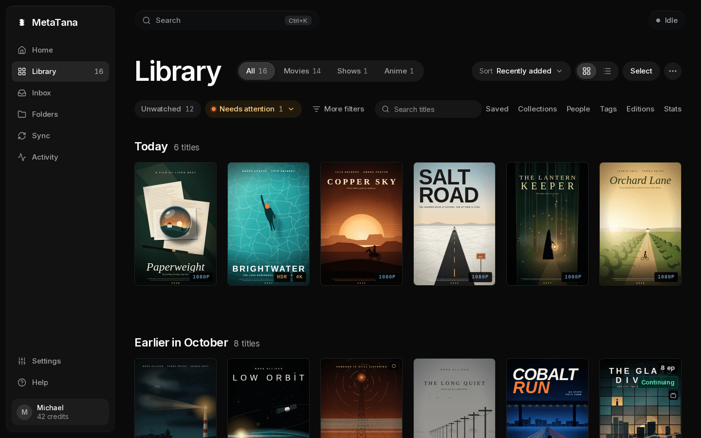 Library: type tabs with counts, the sort and view controls, the filter row with Unscraped, Unwatched, Needs attention, More filters, search and Browse by, then a poster grid grouped by the day titles were added.