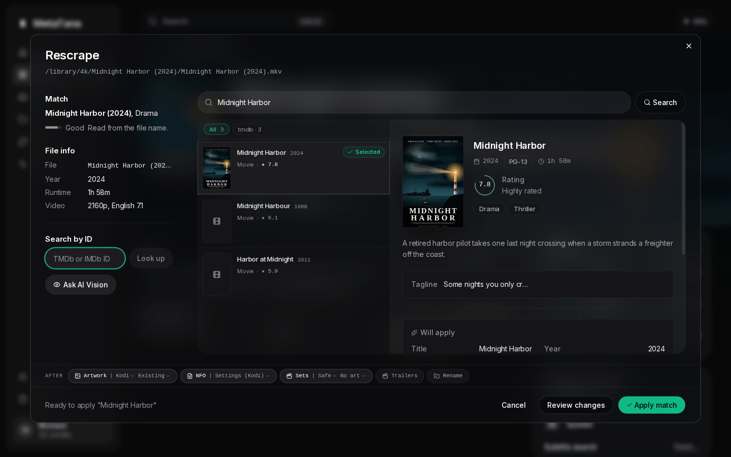 Rescrape: the current match and the file's name, year and runtime on the left with Search by ID; search results with reasons in the middle; Cancel, Review changes and Apply match at the bottom.