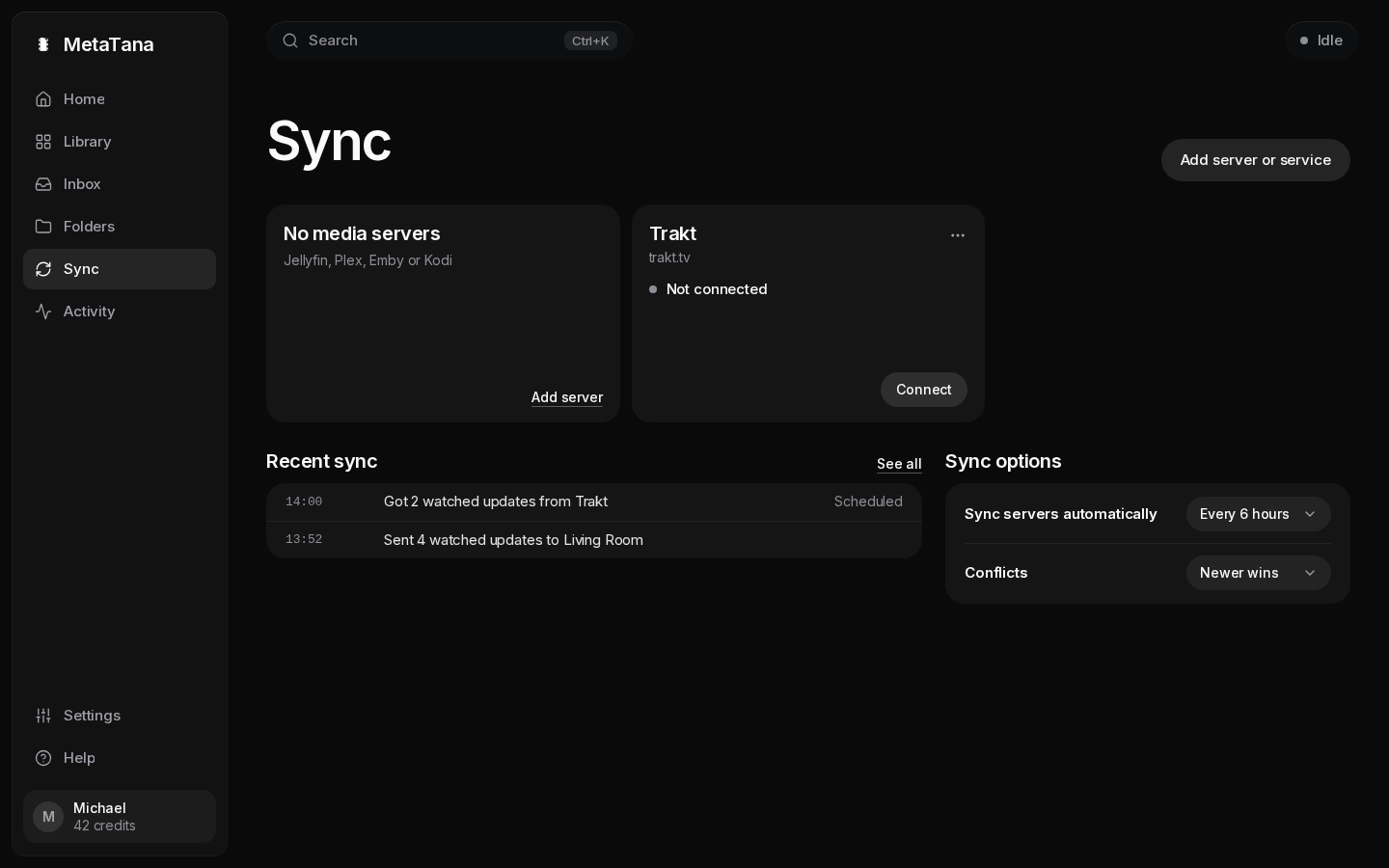 Sync page with no media servers yet, showing Add server.