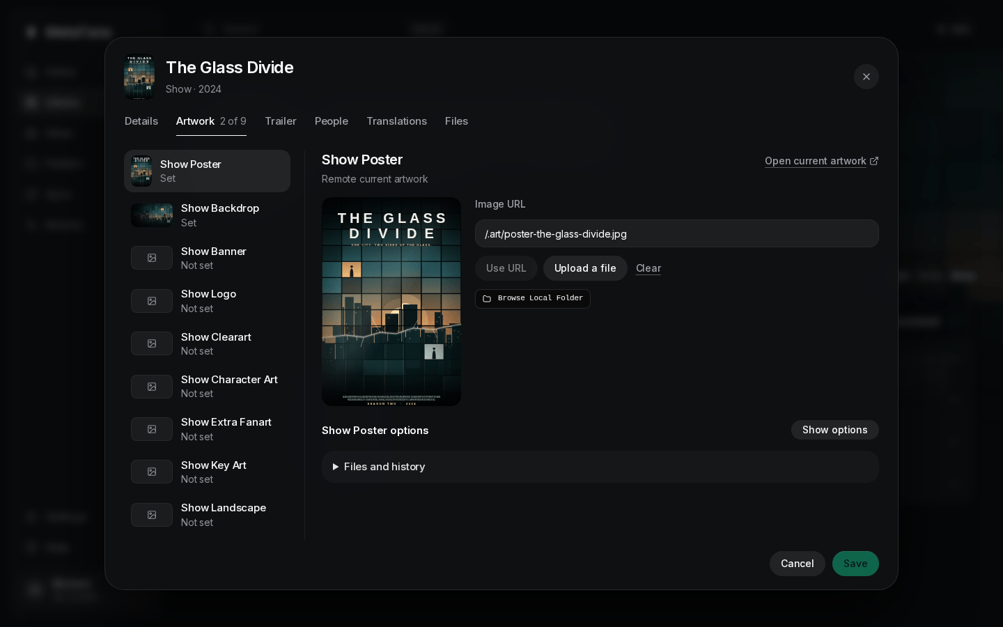 The Artwork tab of a show's editor: the poster, backdrop, logo and banner slots with the missing ones marked, season artwork below, and an action to fetch missing artwork.