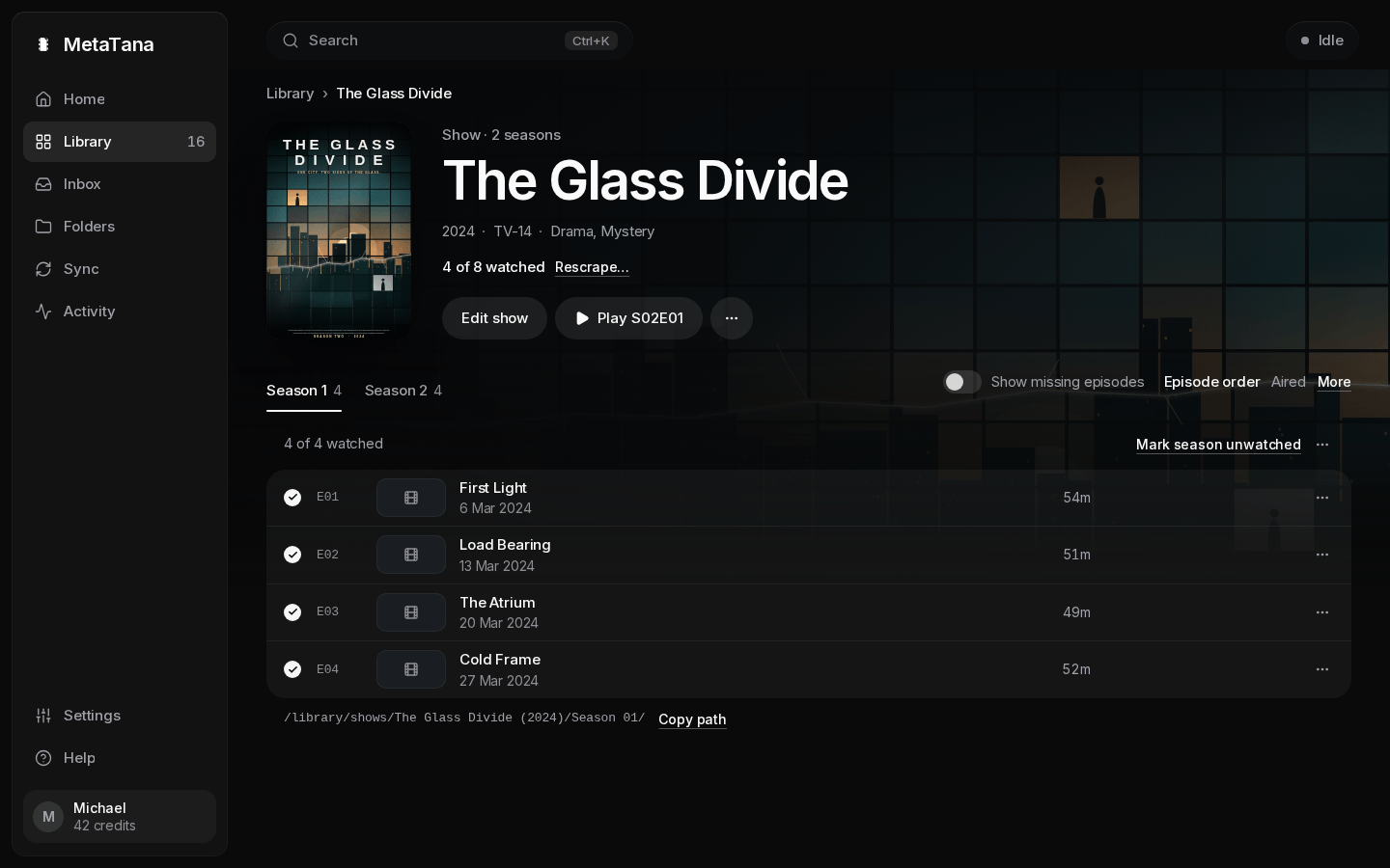 A show's page: backdrop and poster, Edit show, Play for the next episode, the ⋯ menu, and the seasons with their episodes below.