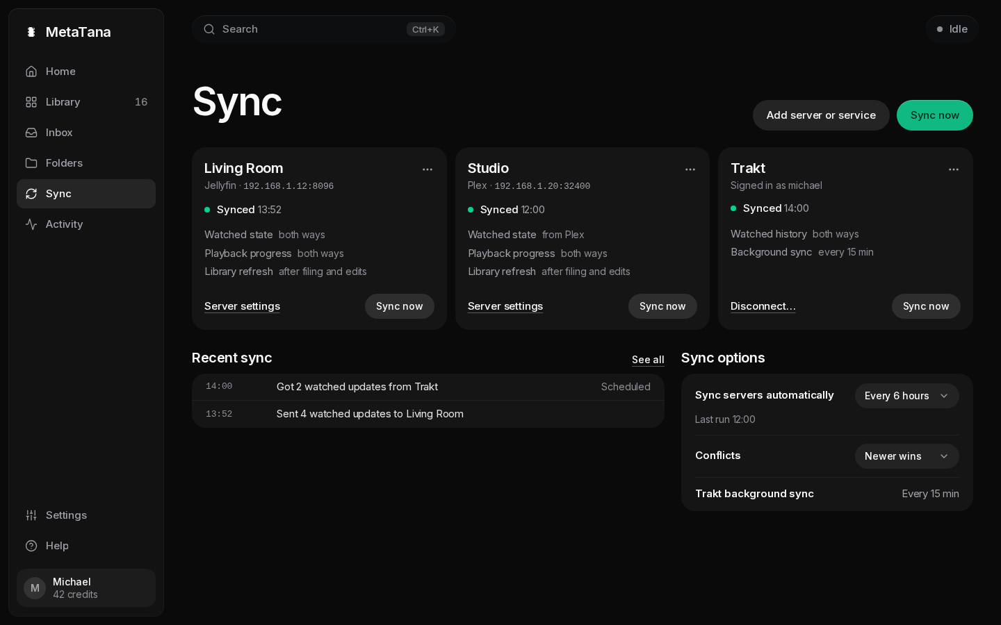 Sync page with a card for each media server and one for Trakt, each showing its status, what it syncs, Sync now, and Review differences.