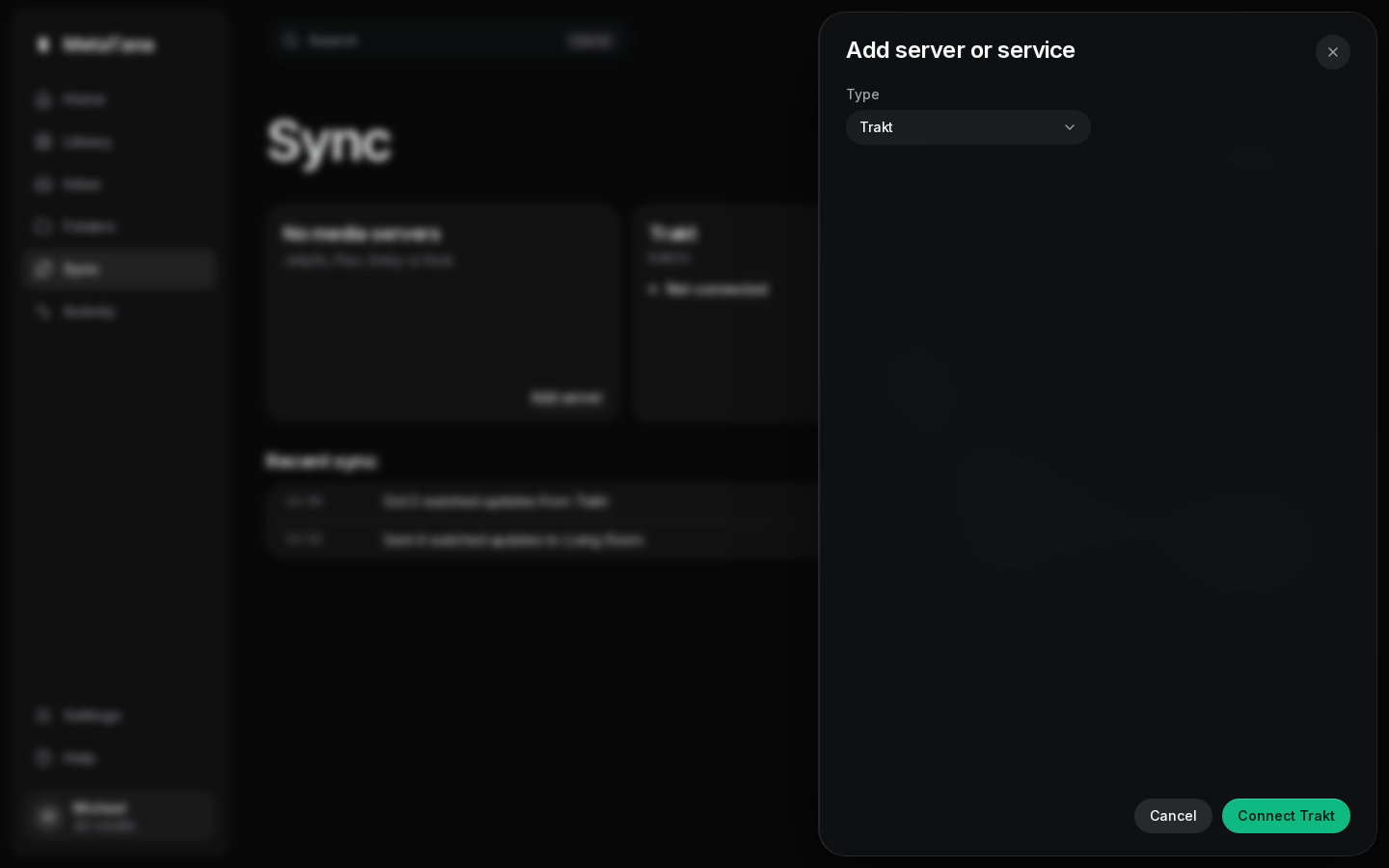 Sync page with the Trakt card not connected yet, showing Add Trakt keys.