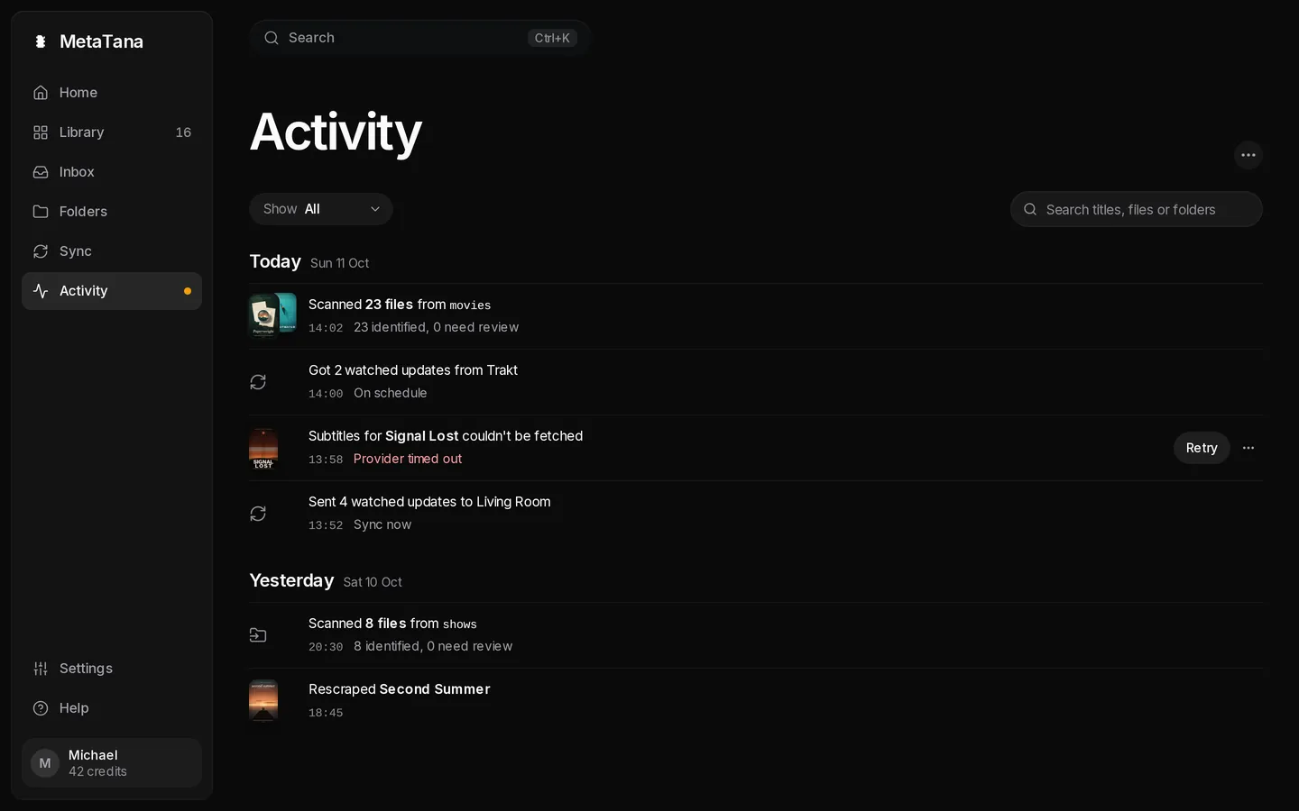 MetaTana Activity: today's scan, Trakt and server syncs, and a subtitle fetch that needs a retry