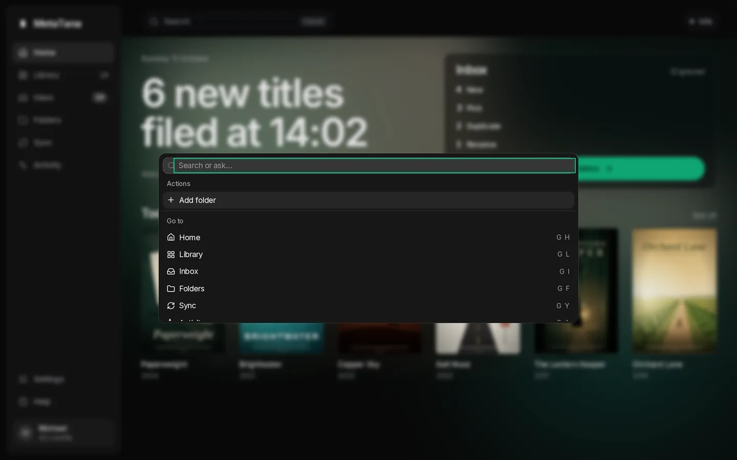 The command palette open on Home with Search or ask