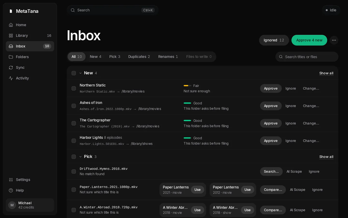 MetaTana Inbox: four new titles with Good or Fair matches, and three files waiting for you to pick a title