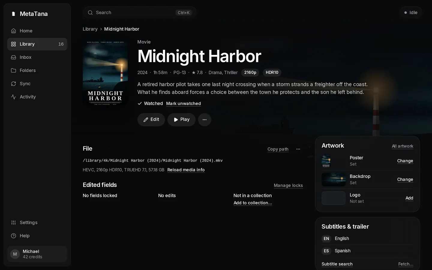 MetaTana title page for Midnight Harbor with its file, edited fields, artwork and subtitles
