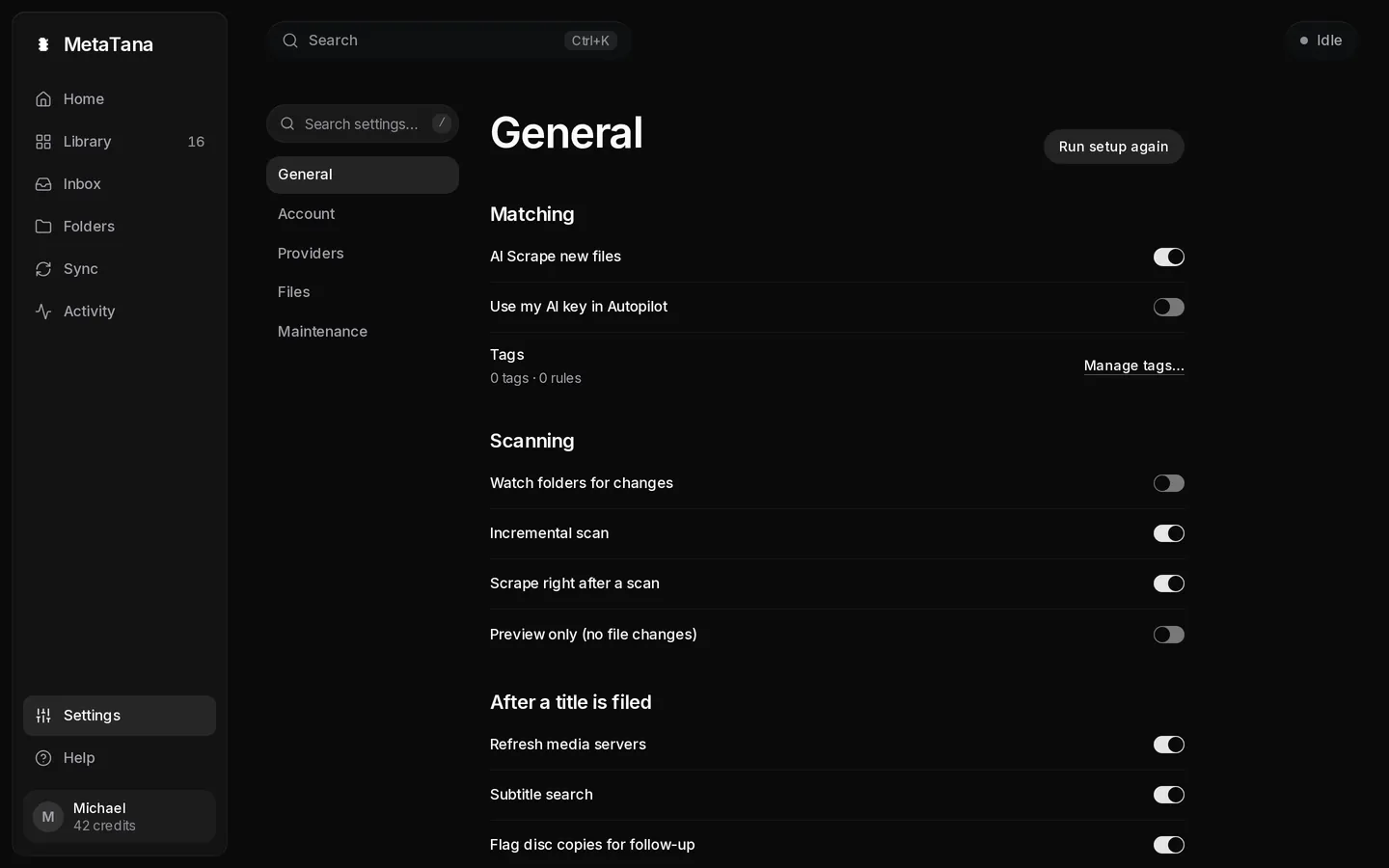 Settings, General: Matching, Scanning and After a title is filed