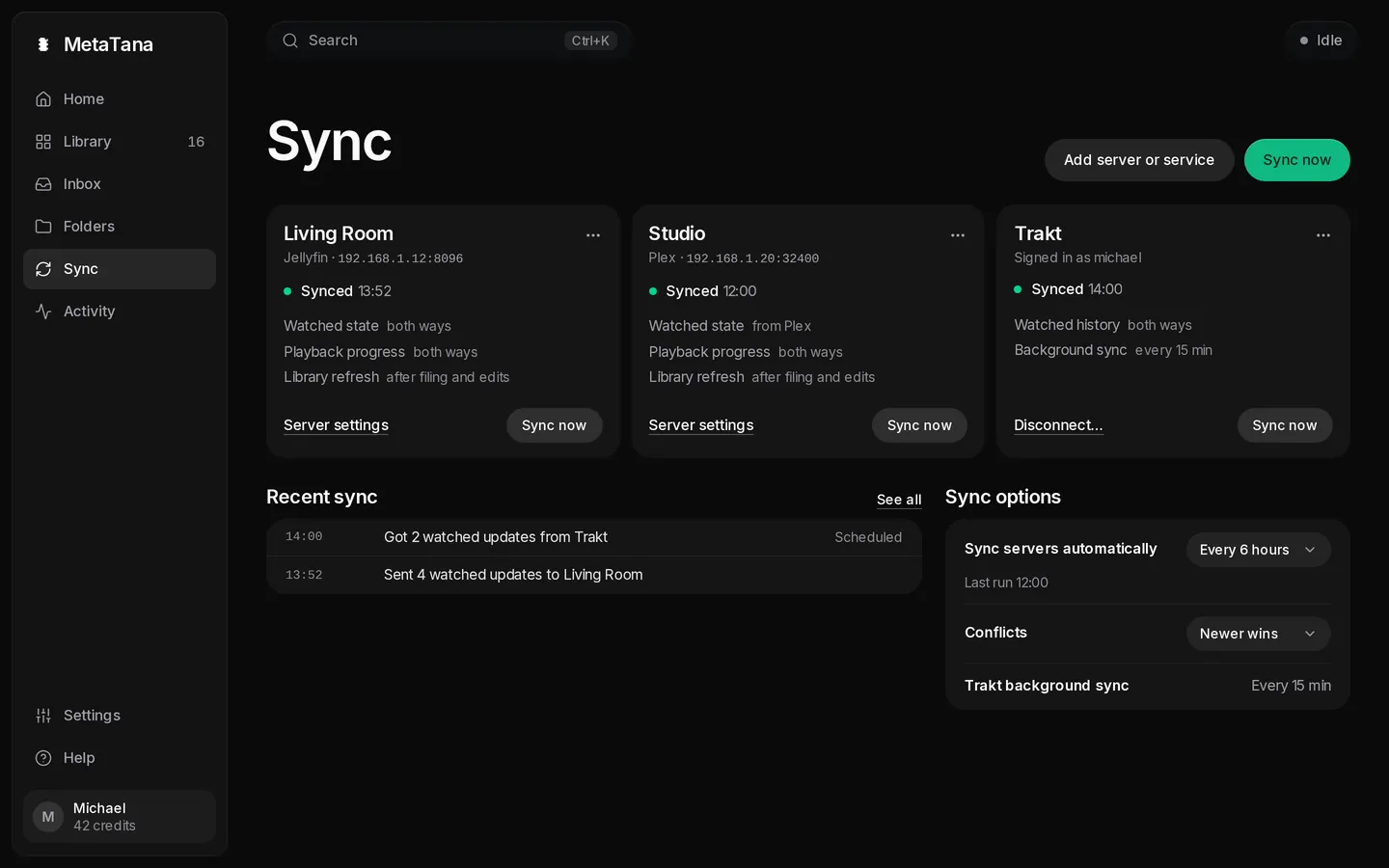 MetaTana Sync: a Jellyfin server, a Plex server and Trakt, each synced today